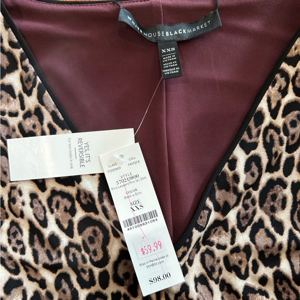 🩷 NWT White House Black Market reversible sheath dress leopard/solid size XXS - Picture 4 of 12